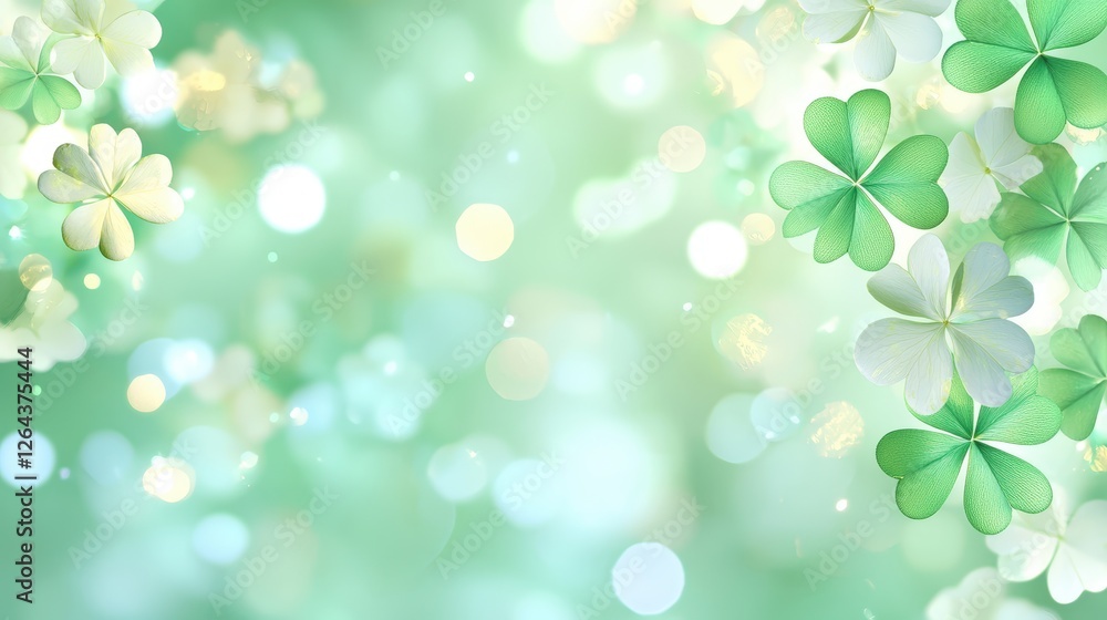 Poster a serene background of green hues featuring delicate clovers and soft bokeh, creating a calm, festiv