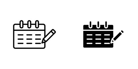 Calendar pen icons. stroke line and black solid icons