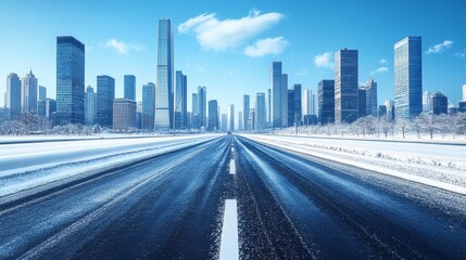 Obraz premium Futuristic Cityscape Winter Road Highway Towards Modern Architecture Skyscrapers