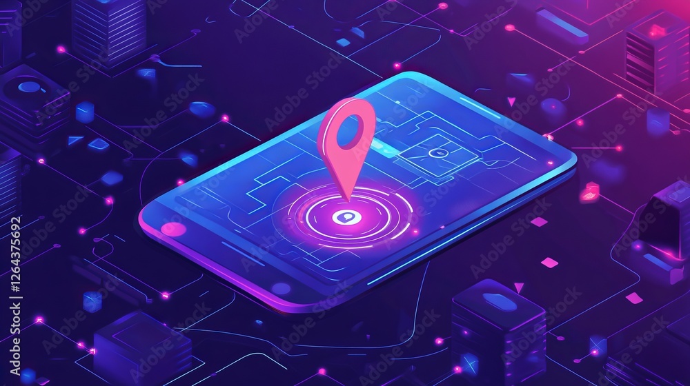 Poster isometric digital location on mobile. futuristic map and pinpoint for connection and technology inno