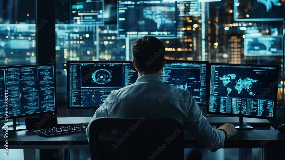Poster cybersecurity expert analyzing data on multiple monitors in a modern office. security, innovation, t