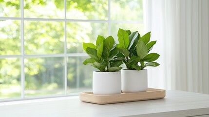 Fototapeta premium Plants on windowsill, greenery, bright day