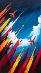 Vibrant abstract wallpaper featuring dynamic aircraft in a striking blue sky