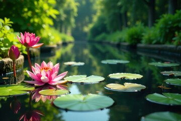Water lily pond with vibrant greenery and colorful flowers, garden, greenery