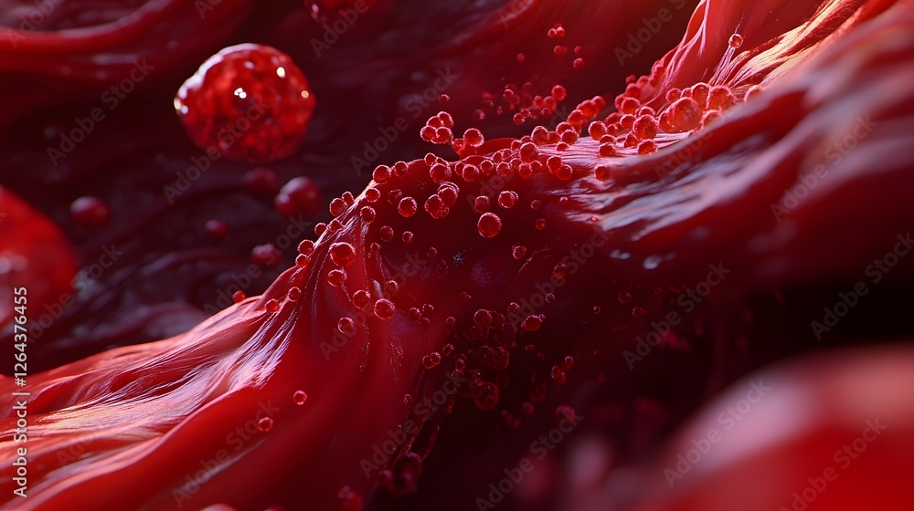 Poster mesmerizing abstract macro image showcasing a vibrant crimson organic liquid flow with intricate tex