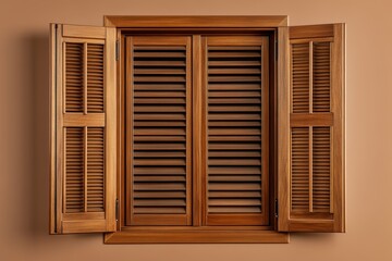 Fototapeta premium Wooden window with shutters is featured against a plain wall