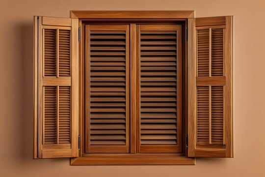 Wooden window with shutters is featured against a plain wall