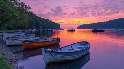 Fototapeta premium Serene sunset over a tranquil river with colorful boats and lush greenery in the background