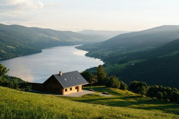 Obraz premium Cabin on a grassy hilltop overlooking lake waters nestled among forested mountains