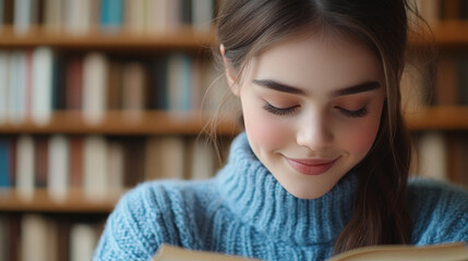A young woman wearing a blue sweater enjoying a book in a warmly lit library with shelves of books in the background, creating a serene and studious atmosphere.