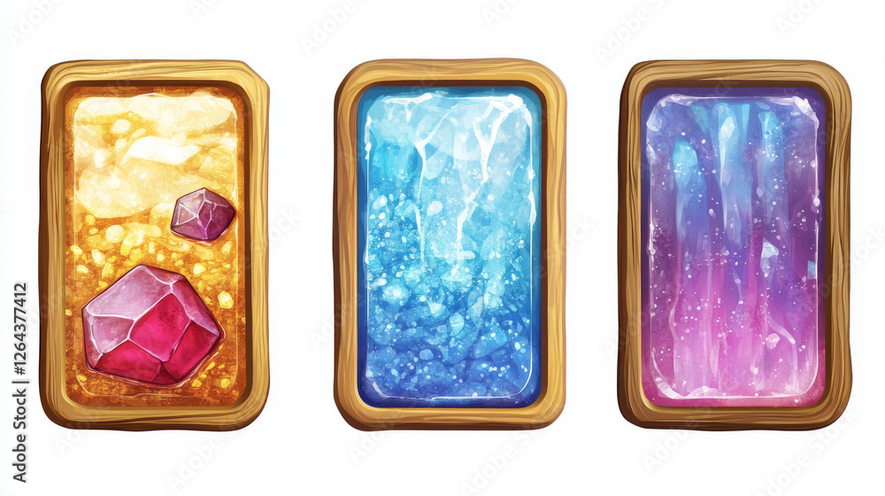 Poster rectangle buttons with golden, wooden and water textures for ui game design. vector cartoon set of g