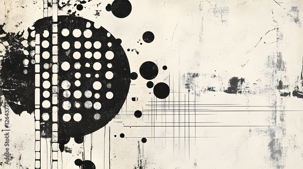 Poster mesmerizing abstract monochrome graphic with chaotic ink splatter and geometric patterns striking co