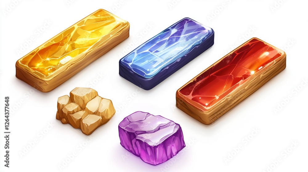 Poster rectangle buttons with golden, wooden and water textures for ui game design. vector cartoon set of g