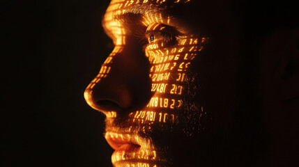 A close-up side profile of a man's face, illuminated with high-contrast lighting, partially overlaid with glowing numerical data streams