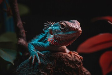 Obraz premium Bearded dragon perched on rock, among leaves. Perfect for reptile pet ownership