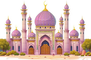 Fantasy Emblem with Arabian Lamp, Djinn, and Crescent Moon in Purple and White