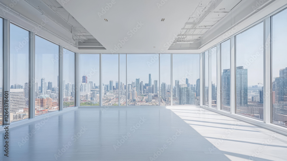 Poster empty office with large windows on ceiling and floor. room interior in white colors. internal struct