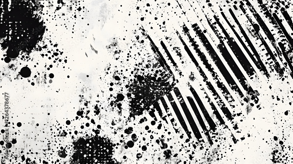 Poster Mesmerizing Black and White Glitch Art Texture with Ink Splash and Brush Strokes  Striking abstract digital art background with distorted chaotic pattern and dynamic composition