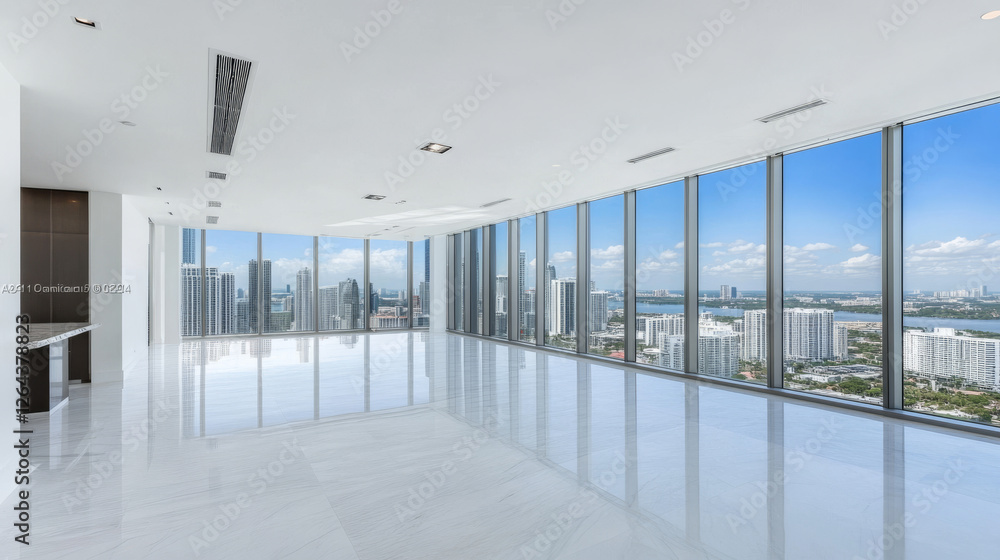 Poster empty office with large windows on ceiling and floor. room interior in white colors. internal struct