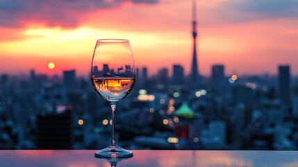 Obraz premium Elegant wine glass reflecting cityscape and a mesmerizing sunset ambiance