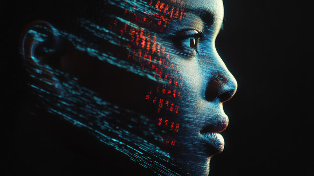 A close-up side profile of a man's face, illuminated with high-contrast lighting, partially overlaid with glowing numerical data streams