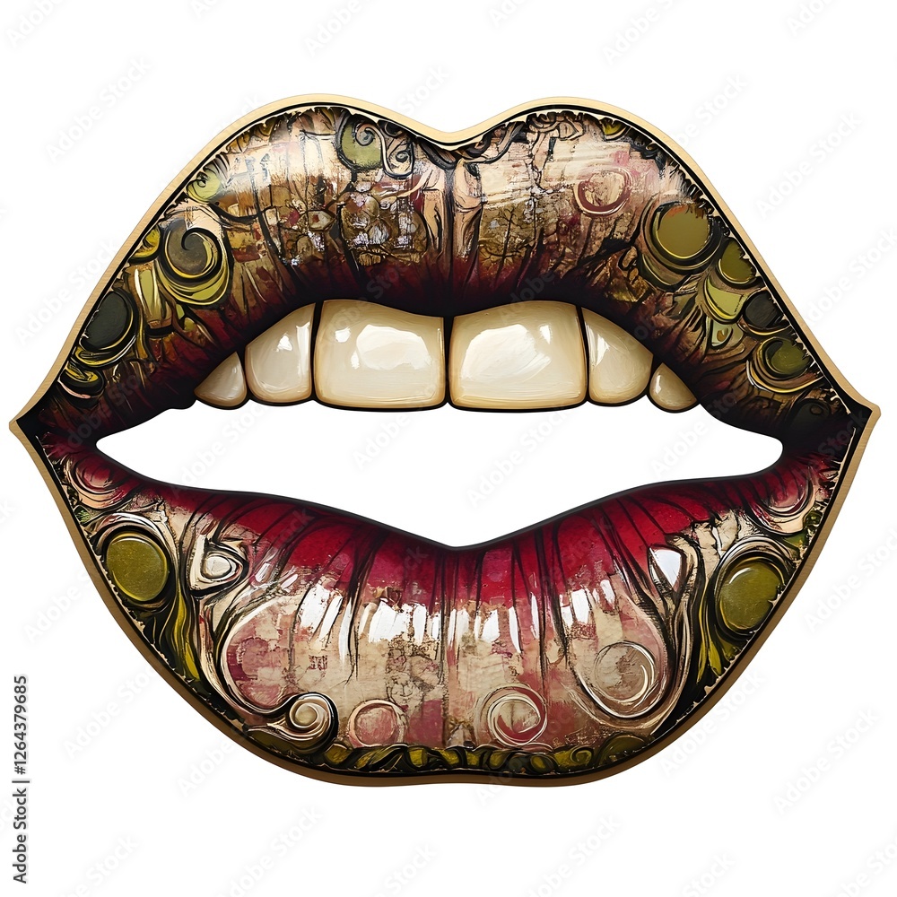 Leinwandbilder Mesmerizing close up image of a pair of lips adorned with a vibrant psychedelic pattern and abstract intricate design  This visually striking and conceptual artwork creates a unique captivating