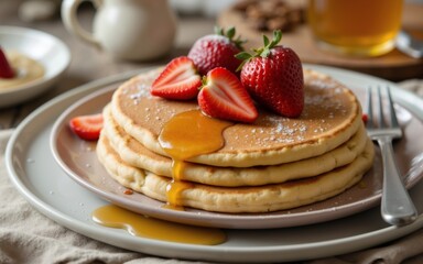 Delicious stack of fluffy pancakes topped with fresh strawberries and golden syrup.