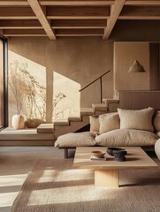 Fototapeta premium Beautiful minimalist living room with earthy tones and natural light