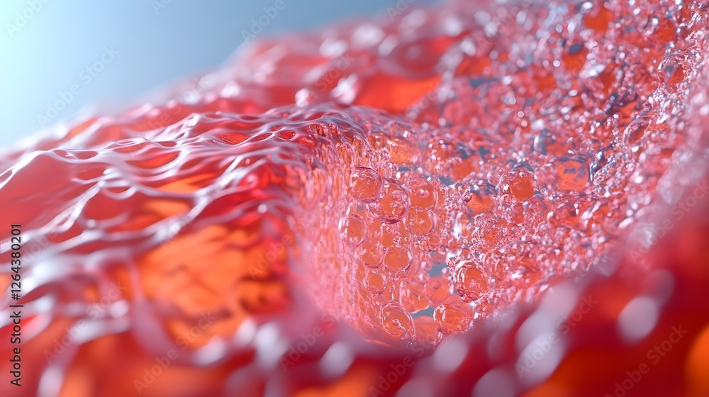Aufkleber Mesmerizing close up view of vivid red liquid or fluid creating dynamic shimmering bubble textures and swirling patterns with a highly reflective glossy surface and refractive effects