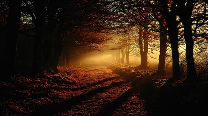 Serene autumn forest path illuminated by soft sunlight with mist and colorful foliage
