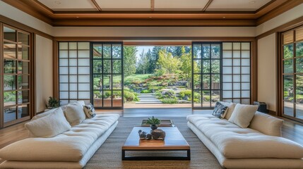 Fototapeta premium Contemporary living room showcases tranquil garden view through sliding doors