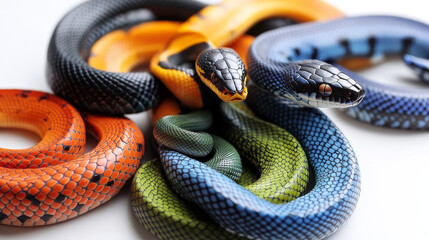 Obraz premium Snakes, tropical serpents isolated on white background. Black mamba, scarlet milk snake, california red-sided garter, green tree python, trimeresurus salazar and blue insularis. Vector cartoon set