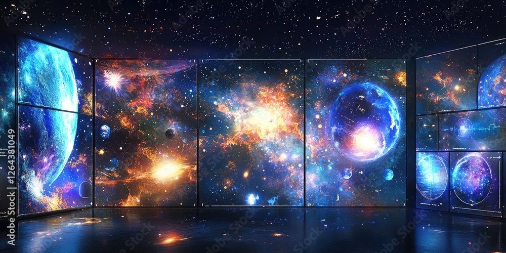 Fototapete a detailed view of space-themed tech design elements, highlighting interactive holograms, real-time 