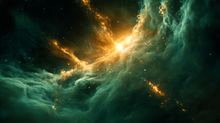 Obraz premium Realistic green smoke with fireflies glowing on black background. Vector illustration of abstract mist with emerald particles sparkling, toxic substance spreading in air, witchcraft spell effect