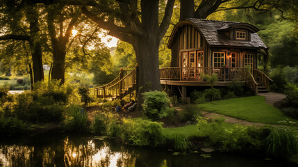 Fototapeta premium Whimsical treehouse in the branches of an ancient oak, featuring rope bridges and natural wood materials, creating a magical woodland retreat surrounded by lush greenery. 