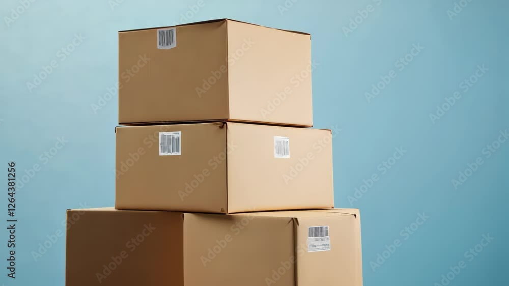 Poster stack of branded cardboard boxes against blue background for shipping and packaging concepts in mode