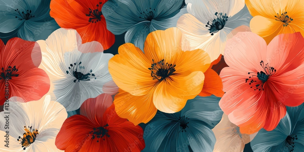 Poster the abstract image draws inspiration from floral patterns, blending vibrant colors and organic shape