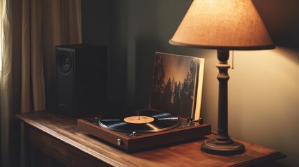 Cozy vinyl listening, lamplight, wooden table, evening ambience, home decor
