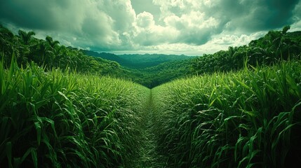 Lush green cornfield stretching towards distant mountains under a dramatic cloudy sky