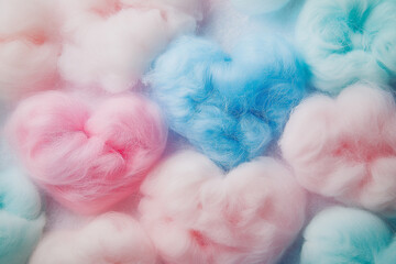 Colorful heart shape cotton candy, pastel color background. Close up of cute cotton candy representing love and romance. Lovely valentine sweet backdrop background