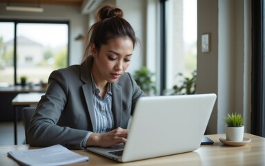 A professional woman working diligently on her laptop in a modern office setting filled with greenery.