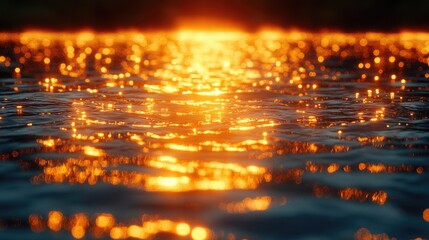 Glimmering sunset over tranquil water surface reflecting golden light, serene landscape ambiance