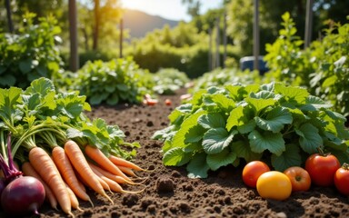 Vibrant garden scene showcasing freshly harvested carrots, tomatoes, and lush green foliage.