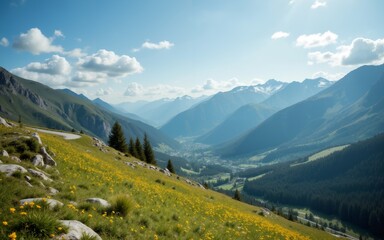 Naklejka premium A stunning landscape view of lush green valleys surrounded by majestic mountains under a bright sky.