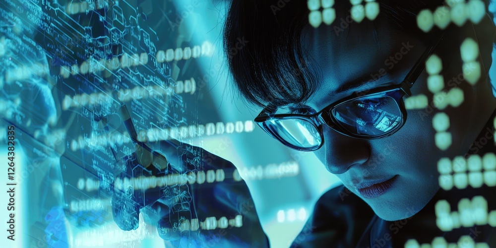 Fototapete a research chemist synthesizing a novel compound, with lab equipment and digital data displayed in the image.