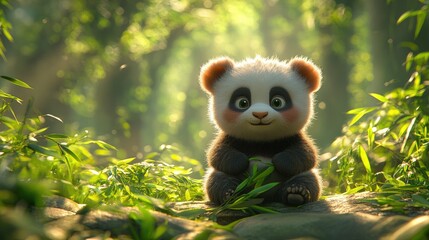Obraz premium Cute panda sitting among lush bamboo in a serene forest, with sunlight filtering through trees