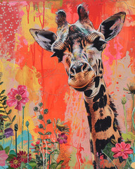 Giraffe in Tropical palm trees. Exotic jungle wallpaper