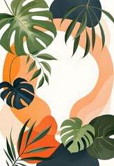 Abstract Monstera Illustration with Elegant Green and Warm Orange Tones on White Background