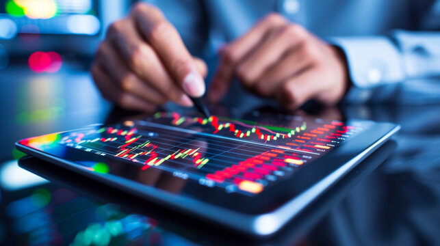 Analyzing the Market: Close-up shot of hands using a stylus on a tablet displaying dynamic stock market graphs, highlighting the detail and intensity of financial analysis.