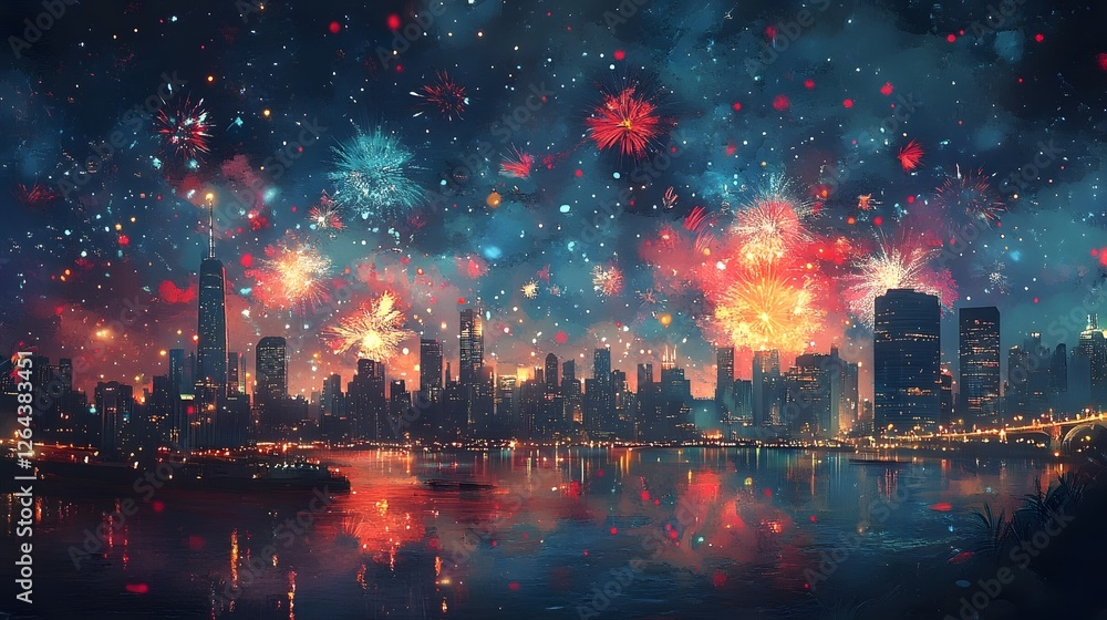 Poster Mesmerizing fireworks exploding in a symphony of colors against the backdrop of a majestic city skyline creating a captivating and in the night sky